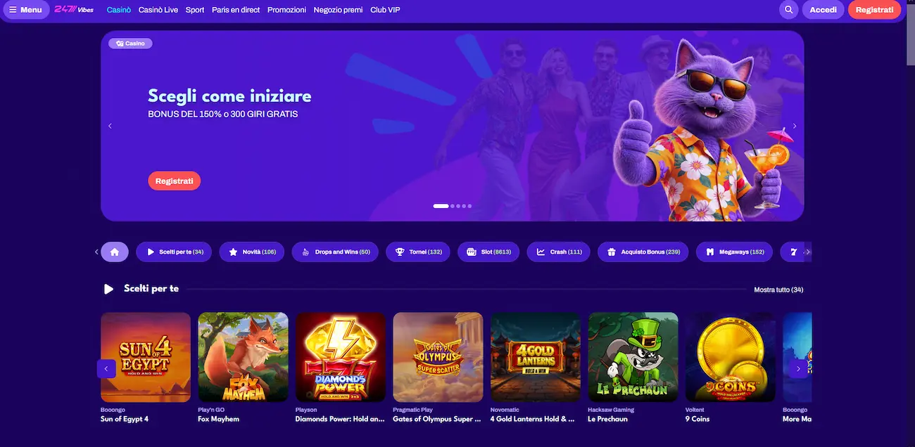 Lobby del casinò online 247Vibes con slot e bonus di benvenuto