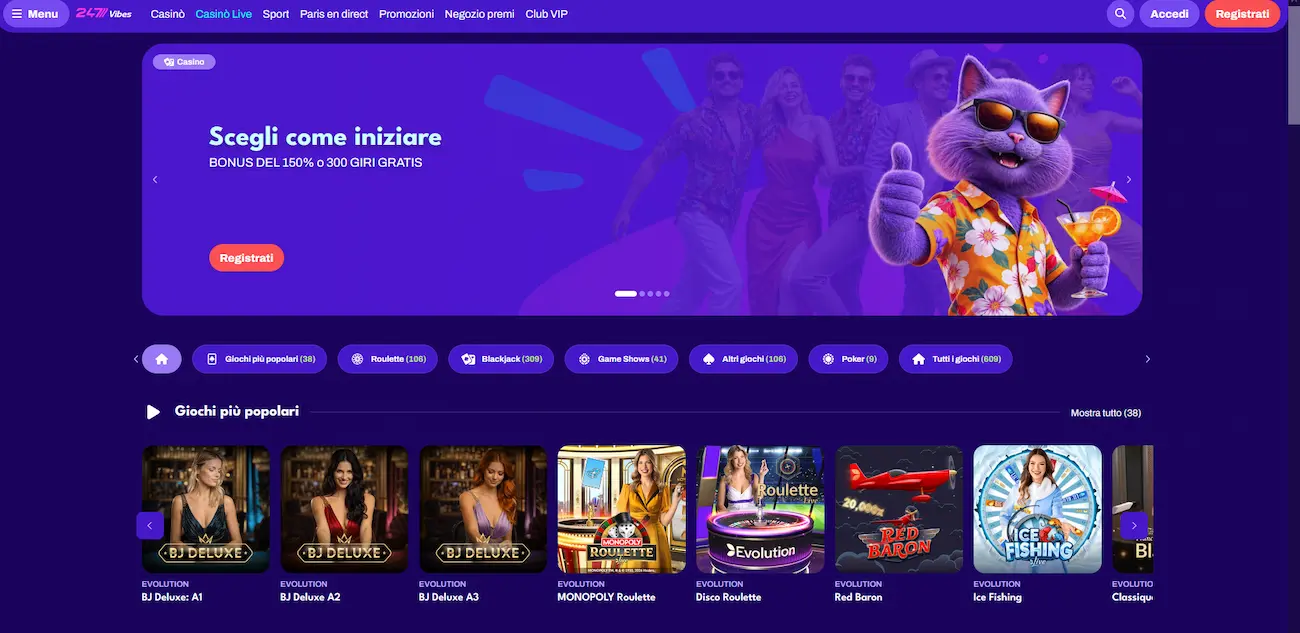 Tavoli di casinò live con croupier reali su 247Vibes