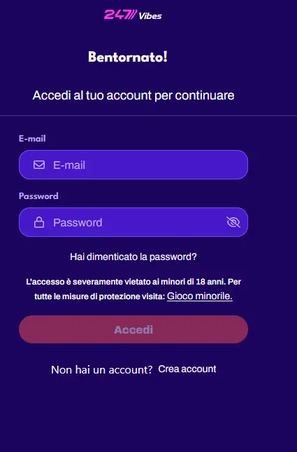 Pagina di accesso al conto 247Vibes con email e password