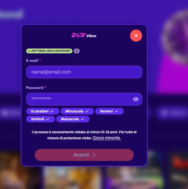 Modulo di registrazione per attivare il bonus 247Vibes
