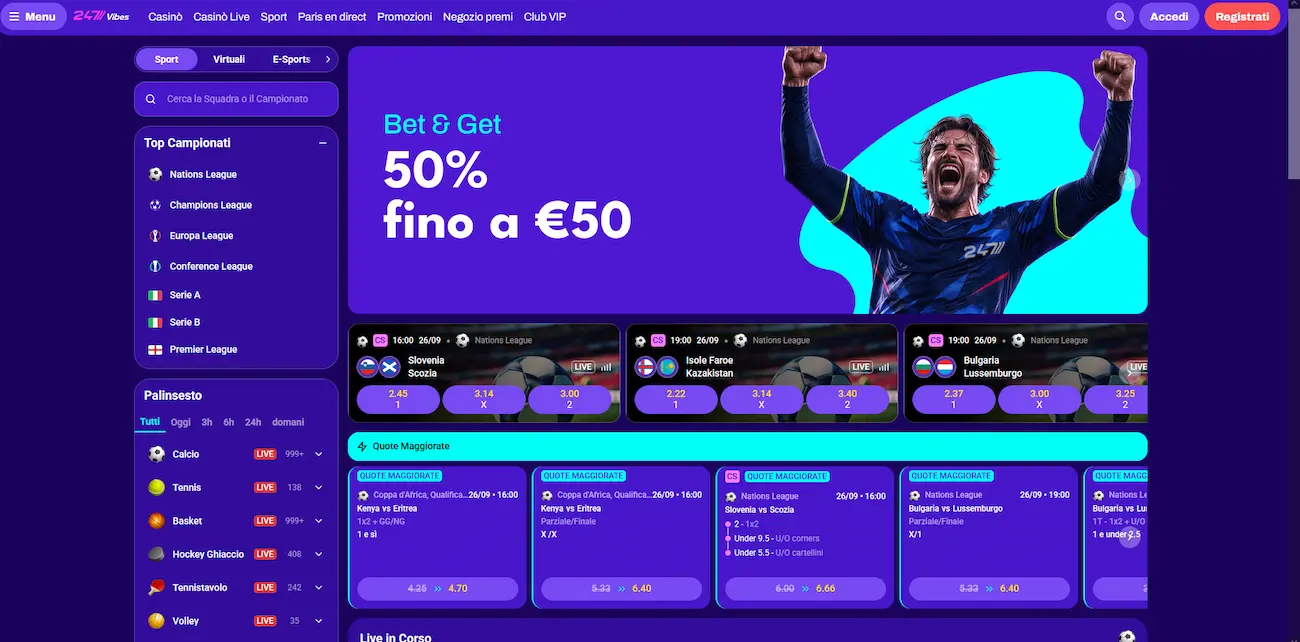 Scommesse sportive pre-match e live su 247Vibes